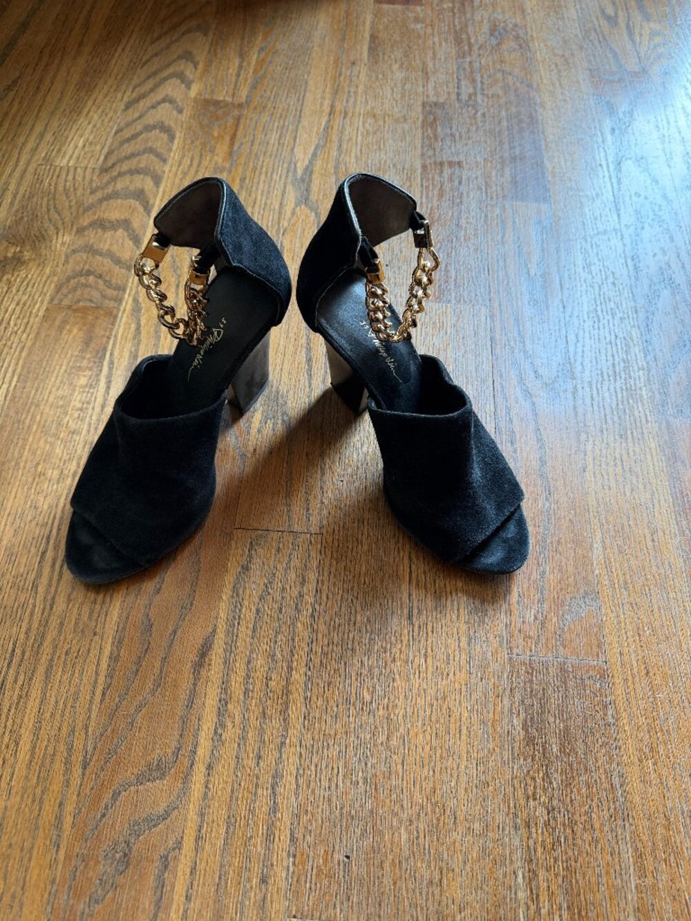 3.1 Phillip Lim Black Suede Gold Chain Ankle Strap Block Heel Mules EU 39 / US 9